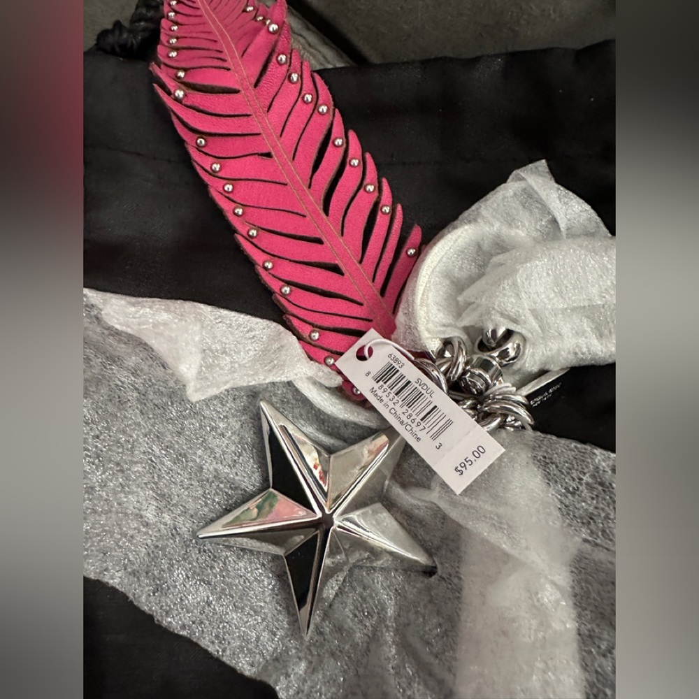 NWT Coach Pink leather feather silver star keychain #63893